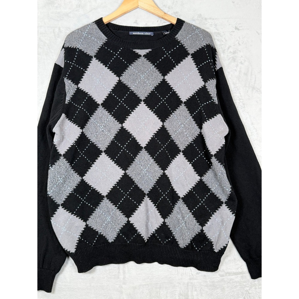 Northern Isles Argyle Cotton Sweater Large Black Gray Preppy Pullover Academic